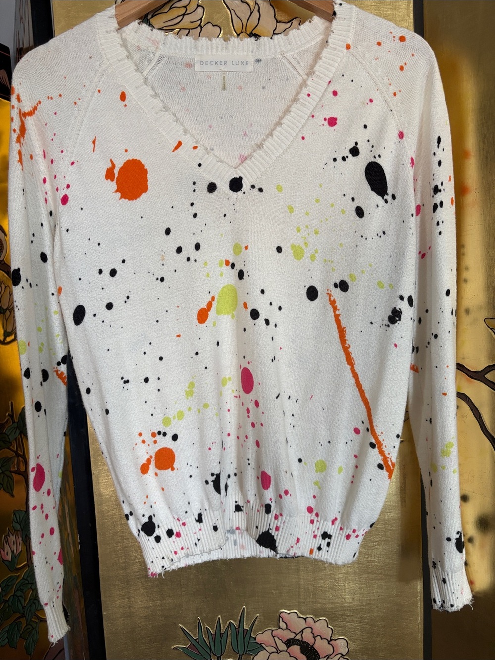 White V-Neck Splatter Paint Knit Sweater
